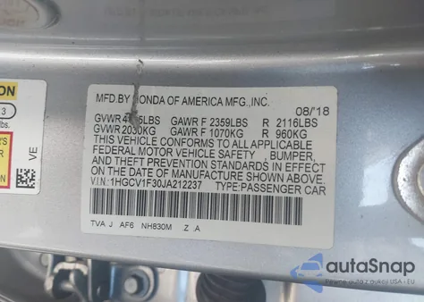 2018 Honda Accord Sport z USA, uszkodzony, nr VIN 1HGCV1F30JA212237